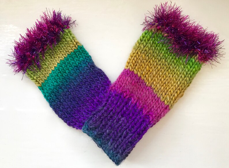 Hand warmers, wool mix fingerless gloves, vivid greens, purples, statement item, fun fluffy trim image 5