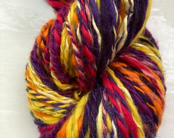 Handspun art yarn, merino, silk, fractal spun - Spice -  purple, orange, yellow, red, chunky