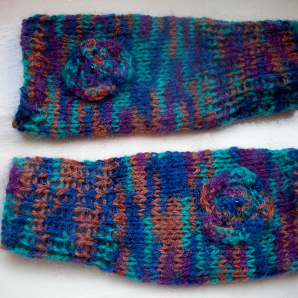 Beginner knitting KIT hand warmers fingerless gloves turquoise brown blue