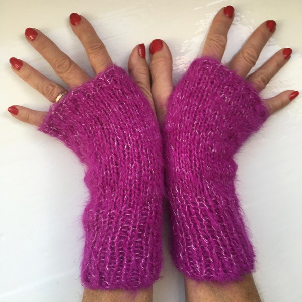 Hand warmers alpaca silk knit  fingerless gloves cyclamen cerise pink