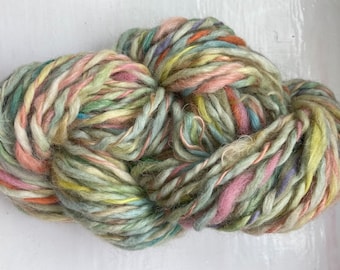 Handspun art yarn, hand dyed Wensleydale locks, spring green, subtle shades, chunky, warm