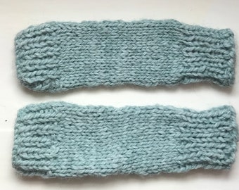 Babies&#39; chunky warm leg warmers, hand knitted, light sage green mottled effect,  wool cotton mix