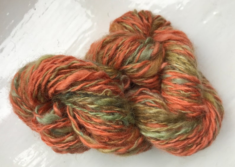 Handspun yarn rustic spun, chunky, plied, rusty ginger, olive greens image 8