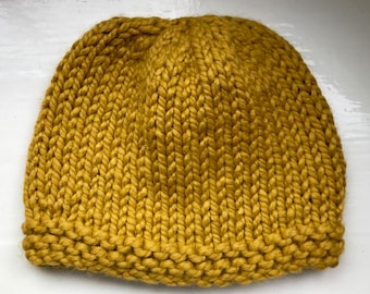 Classic beanie hat, vegan, hand knitted. soft. thick, warm, golden mustard yellow