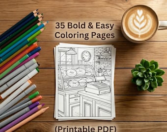 Livre de coloriage audacieux et facile, pages à colorier confortables pour adultes, petites boutiques et intérieurs Hygge mignons, PDF à colorier imprimable