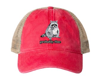 Embroidered 'probably fine' trash panda cotton snapback hat - mesh, breathable, ponytail friendly