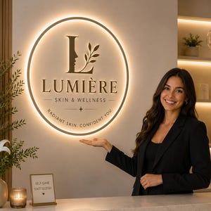 K&ouml;nnte beinhalten: Ein kreisf&ouml;rmiges, hinterleuchtetes Wandschild mit dem Text LUMI&Egrave;RE SKIN & WELLNESS, einer Profilsilhouette, einer Blattgrafik und dem Schriftzug RADIANT SKIN, CONFIDENT YOU. Das Schild ist an einer neutralen Wand &uuml;ber einem Marmortresen montiert.
