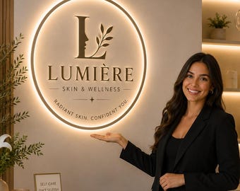 Könnte beinhalten: Ein kreisförmiges, hinterleuchtetes Wandschild mit dem Text LUMIÈRE SKIN & WELLNESS, einer Profilsilhouette, einer Blattgrafik und dem Schriftzug RADIANT SKIN, CONFIDENT YOU. Das Schild ist an einer neutralen Wand über einem Marmortresen montiert.