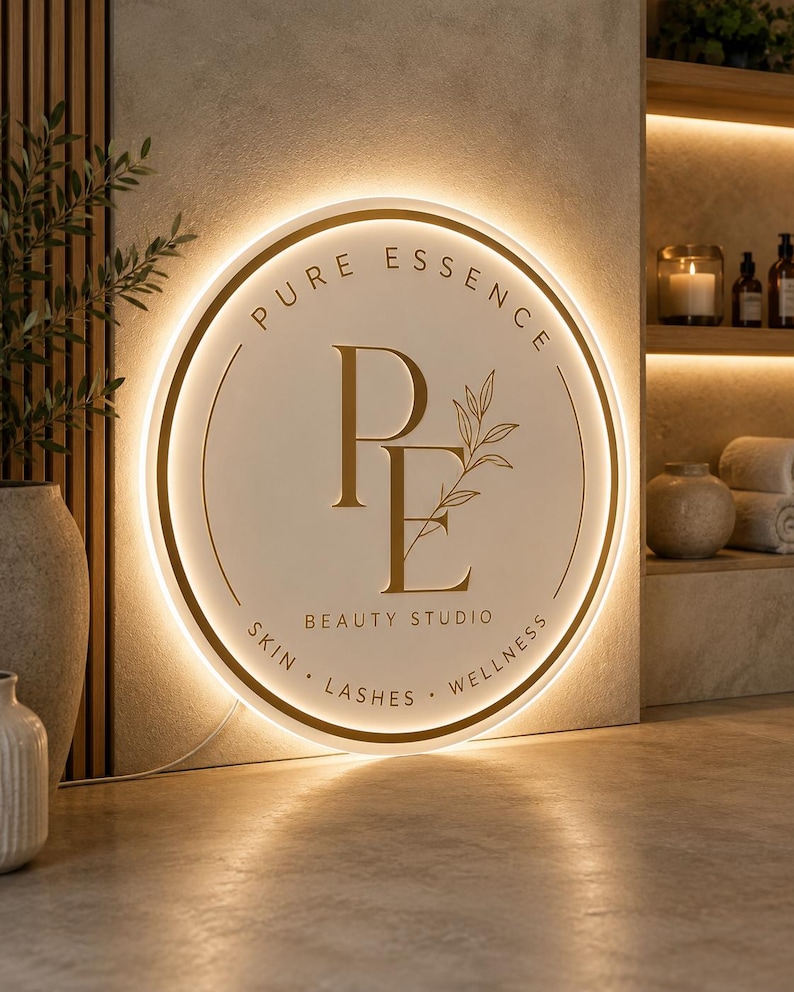 K&ouml;nnte beinhalten: Ein kreisf&ouml;rmiges Wand-Schild mit wei&szlig;er Oberfl&auml;che und goldener Schrift. Der Text lautet PURE ESSENCE, BEAUTY STUDIO sowie SKIN, LASHES, WELLNESS. Ein gro&szlig;es goldenes PE-Monogramm mit Blatt-Detail ist zentriert. Das Schild hat eine warme Hintergrundbeleuchtung.