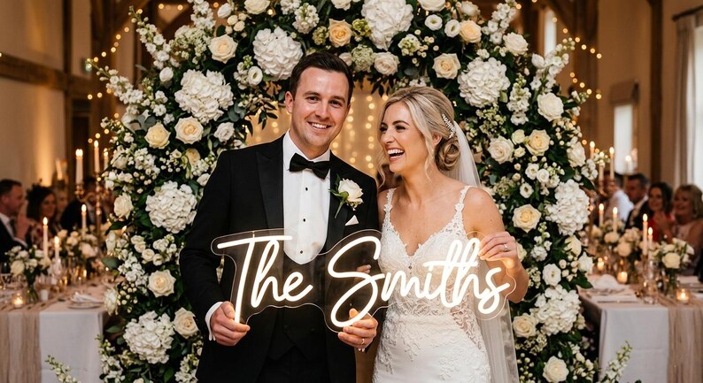 May include: A newly married couple smiling, holding a neon sign that reads "The Smiths." The bride wears a white lace wedding dress, and the groom is in a black tuxedo. They are in front of a floral archway with white and cream flowers.