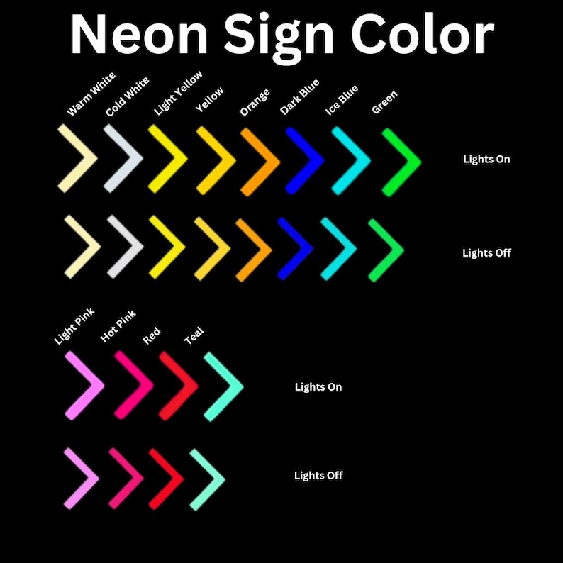 May include: A black background displays a neon sign colour chart. The chart shows colours such as warm white, cold white, light yellow, yellow, orange, dark blue, ice blue, green, light pink, hot pink, red, and teal. The text "Neon Sign Color" is at the top.