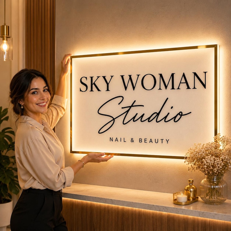 K&ouml;nnte beinhalten: Ein rechteckiges Wand-Schild mit goldenem Rahmen und interner Hintergrundbeleuchtung. Das Schild zeigt den schwarzen Schriftzug SKY WOMAN STUDIO NAIL & BEAUTY in einer Kombination aus Serif- und Schreibschrift auf wei&szlig;em Untergrund.