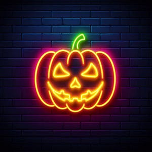 May include: A neon sign of a jack-o'-lantern pumpkin with a scary face on a brick wall background.