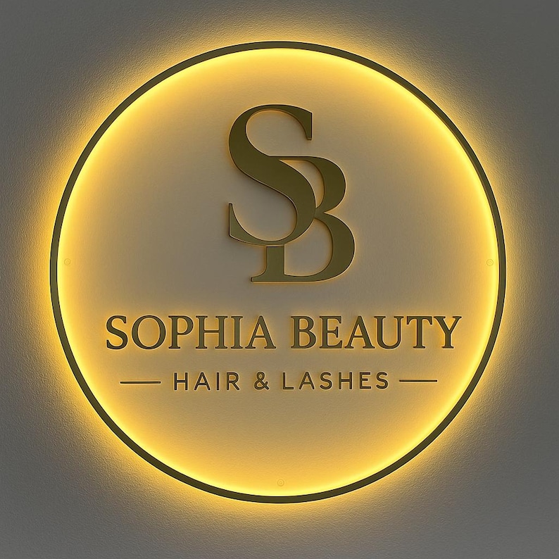 K&ouml;nnte beinhalten: Ein kreisf&ouml;rmiges Wandschild mit goldfarbenem Finish und einem leuchtend gelben Rand. In der Mitte befinden sich die Buchstaben SB, der Schriftzug SOPHIA BEAUTY und der Text HAIR & LASHES in einer passenden goldenen Schrift.