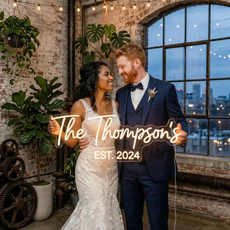 May include: A couple smiles, holding a neon sign that reads "The Thompson's EST. 2024". The bride wears a white lace wedding dress, and the groom is in a navy suit. The background includes a brick wall, plants, and a city skyline.