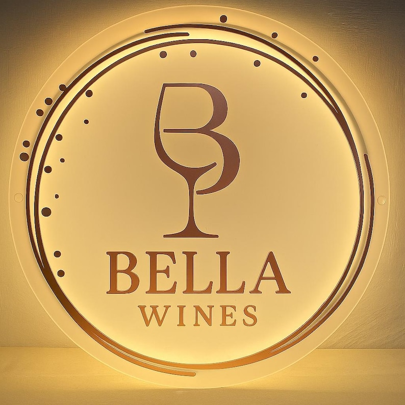 K&ouml;nnte beinhalten: Ein kreisf&ouml;rmiges, hinterleuchtetes Wandschild mit dem Text BELLA WINES in einer Serifenschrift. &Uuml;ber dem Text befindet sich eine stilisierte Grafik, die die Buchstaben B und P zu einem Weinglas kombiniert, erg&auml;nzt durch geschwungene Linien.