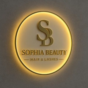 K&ouml;nnte beinhalten: Ein rundes Wandschild mit einem goldfarbenen Logo aus den Buchstaben SB, dem Schriftzug SOPHIA BEAUTY und dem Text HAIR & LASHES. Das Schild ist von hinten mit einem warmen gelben Licht beleuchtet, das einen Halo-Effekt erzeugt.