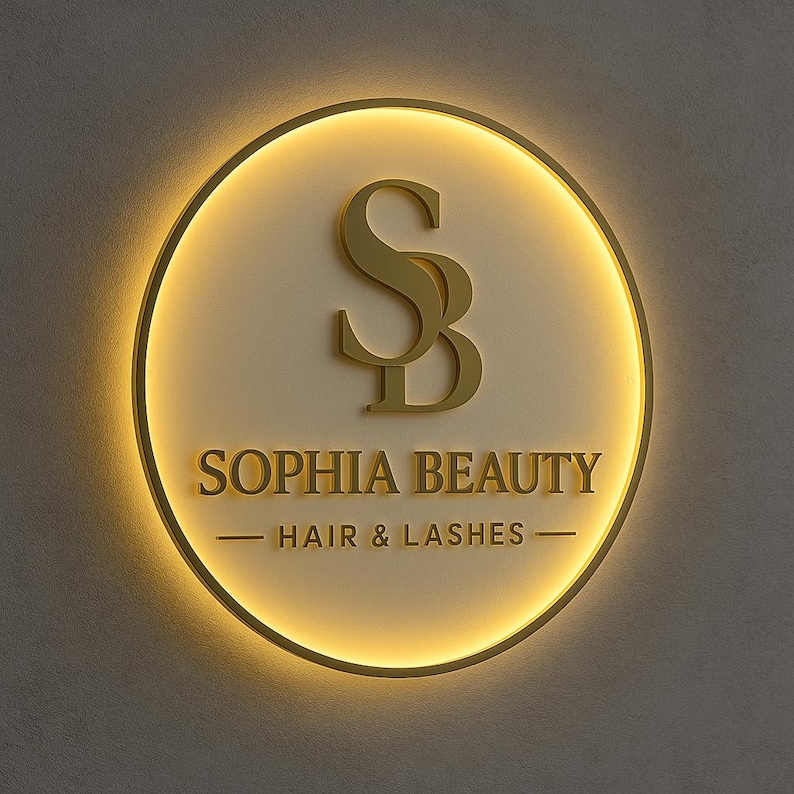 K&ouml;nnte beinhalten: Ein rundes Wandschild mit einem goldfarbenen Logo aus den Buchstaben SB, dem Schriftzug SOPHIA BEAUTY und dem Text HAIR & LASHES. Das Schild ist von hinten mit einem warmen gelben Licht beleuchtet, das einen Halo-Effekt erzeugt.