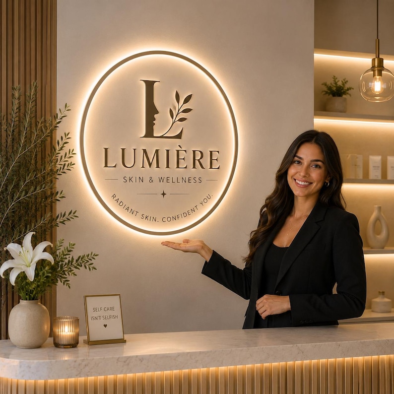K&ouml;nnte beinhalten: Ein kreisf&ouml;rmiges, hinterleuchtetes Wandschild mit dem Text LUMI&Egrave;RE SKIN & WELLNESS, einer Profilsilhouette, einer Blattgrafik und dem Schriftzug RADIANT SKIN, CONFIDENT YOU. Das Schild ist an einer neutralen Wand &uuml;ber einem Marmortresen montiert.