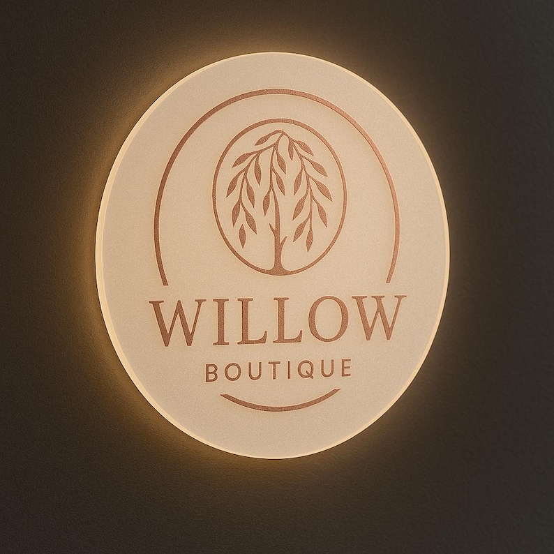 K&ouml;nnte beinhalten: Ein kreisf&ouml;rmiges, hinterleuchtetes Schild mit einer mattierten Oberfl&auml;che und einer kupferfarbenen Weidengrafik in einem Kreis. Der Text WILLOW BOUTIQUE ist in kupferfarbenen Buchstaben unter dem Baum gedruckt, mit einer geschwungenen Linie darunter.