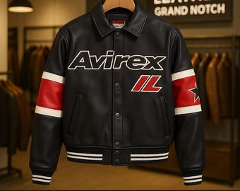Chicago USA Avirex Leather Jacket Real Sheep Leather Bomber Black Varsity Moto Style Men's Retro Streetwear style varsity fashion Best Gift