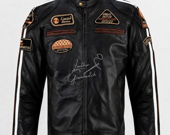 Men's Black Sheepskin Leather Biker Jacket with Embroidered Racing Patches – Retro Motorcycle Style