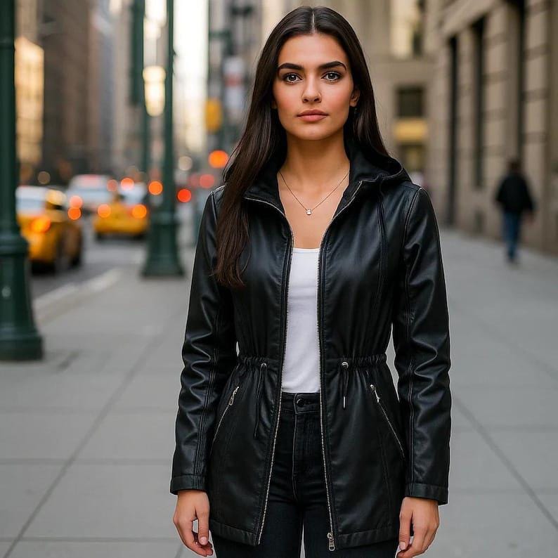 Stylish Fjnbbiot women’s faux leather hooded motorcycle jacket in sleek black featuring a fitted silhouette, adjustable drawstring waist, front zip closure, and minimalist biker style design. This trendy leatherjacket pairs perfectly with streetwear, casual chic outfits, urban fashion, and fall winter looks. Inspired by vintage moto jacket aesthetics and modern bikerjacket trends, this edgy leather jacket is ideal for everyday wear, travel outfits, Etsyfashion styling, layered street style.