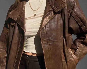 Chaqueta de cuero marrón vintage de los 90 para mujer, estilo años 80, de corte holgado y holgado, estilo retro, ropa de calle informal.