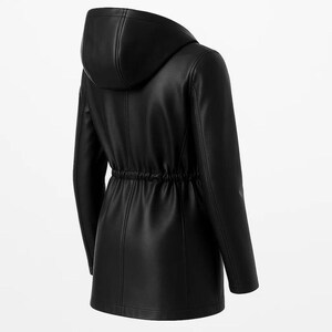 Back view of the Fjnbbiot women’s faux leather hooded motorcycle jacket in classic black featuring a tailored slim fit silhouette, elastic cinched waist, smooth faux leather finish, and minimalist hooded design. This trendy leatherjacket combines modern biker style with elegant streetwear fashion, perfect for casual chic outfits, urban winterfashion, fall layering, and everyday women jacket styling. Inspired by vintage moto jacket aesthetics and contemporary outerwear trends.