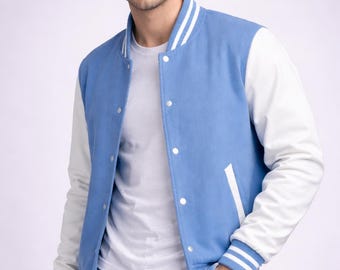 Giacca da baseball personalizzata vintage in stile Letterman, stile college, da uomo, colore azzurro cielo, corpo in lana, maniche in pelle bianca, stile streetwear