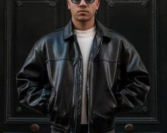 Handmade Vintage Black Leather Bomber Jacket for Mens 90s Retro