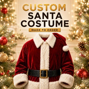 Könnte beinhalten: Ein rotes Samt-Weihnachtsmannkostüm mit weißem Kunstfellkragen, Ärmelbündchen und Besatz, kombiniert mit einem schwarzen Gürtel mit goldener Schnalle. Der Text CUSTOM SANTA COSTUME MADE TO ORDER steht über dem Kleidungsstück.