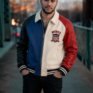 Trendy leren jas van Avirex USA voor heren echt schapenleer Varsity Bomber Amerikaanse vlag Patch Streetwear Rood Blauw Zwart Moto-stijl jas