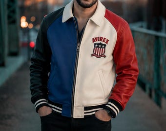 Trendy Avirex USA Leather Jacket for Men Real Sheep Leather Varsity Bomber American Flag Patch Streetwear Red Blue Black Moto Style Coat