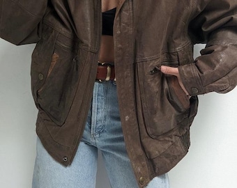 Vintage Brown Leather Bomber Jacket Women | Oversized 90s Grunge Real Leather Coat | Distressed Retro Style Fall Jacket | Girls Outerwear