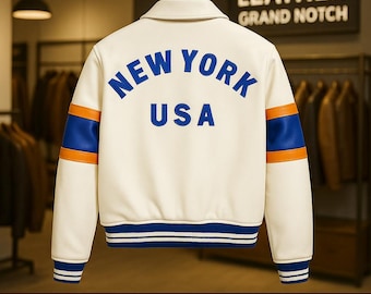 New York Varsity Leather Jacket for Men Original Sheep Leather Bomber Avirex Style Vintage Moto Jacket White Blue Orange Retro Streetwear