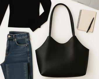 Black Cow Leather Hobo Tote – Large Minimalist Shoulder Bag for Work, Travel & Everyday | Handmade Real Leather Purse for Women