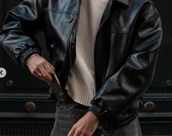 Buy Handmade Vintage Black Leather Bomber Jacket for Mens 90s