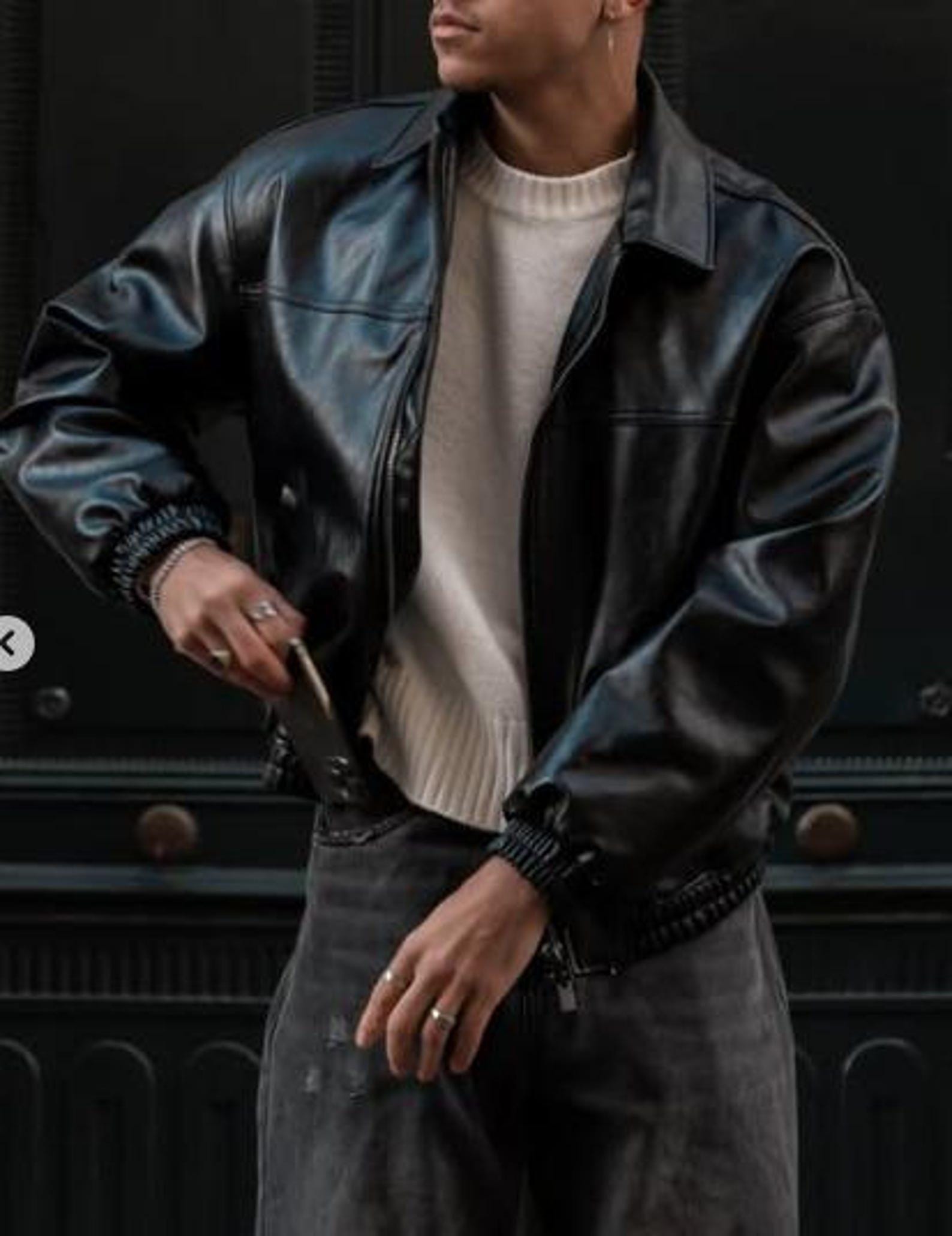 Buy Handmade Vintage Black Leather Bomber Jacket for Mens 90s