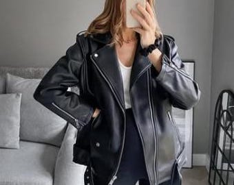 Biker Black Sheep Leather Jacket Dam Snygg Moto Motorcykeljacka med Dragkedja Höst och Vinter Trendig Kappa Vintage Svarta Jackor för Henne