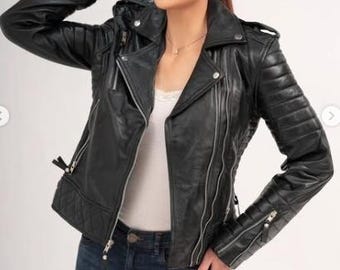 Handgjord svart quiltad bikerjacka för kvinnor, klassisk motostil, modern bikerjacka med dragkedja, genuin slim fit, lättviktig läderkappa