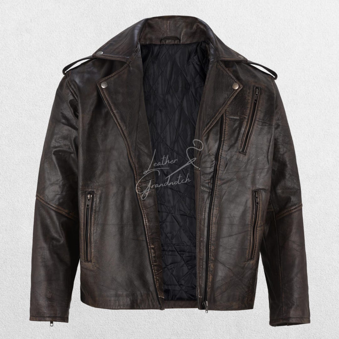 本革vintage brown leather jacket Men's Vintage Brown Cowhide Leather Jacket - Genuine Leather