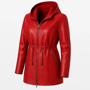 Bold Fjnbbiot women’s faux leather hooded motorcycle jacket in vibrant red featuring a flattering slim fit silhouette, adjustable drawstring waist, silver front zip closure, and sleek moto inspired detailing. This trendy leatherjacket combines edgy biker style with modern streetwear fashion, making it perfect for fall winter outfits, casual chic styling, urban fashion looks, and Etsyfashion lovers. Inspired by vintage moto jacket aesthetics and contemporary women jacket trends.