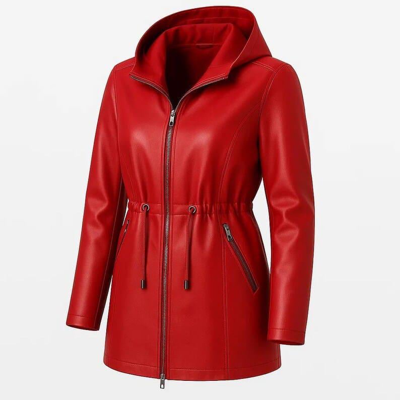 Bold Fjnbbiot women’s faux leather hooded motorcycle jacket in vibrant red featuring a flattering slim fit silhouette, adjustable drawstring waist, silver front zip closure, and sleek moto inspired detailing. This trendy leatherjacket combines edgy biker style with modern streetwear fashion, making it perfect for fall winter outfits, casual chic styling, urban fashion looks, and Etsyfashion lovers. Inspired by vintage moto jacket aesthetics and contemporary women jacket trends.