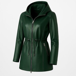 Modern Fjnbbiot women’s faux leather hooded jacket in deep forest green featuring a slim fit silhouette, adjustable drawstring waist, sleek silver zip closure, and minimalist biker inspired styling. This trendy leatherjacket blends edgy streetwear fashion with elegant casual outerwear, making it perfect for fall winter outfits, urban everyday looks, travel style, and Etsyfashion trends. Inspired by vintage moto jacket aesthetics and modern women jacket fashion, this chic faux leather coat.