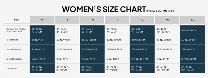 Women’s faux leather biker jacket size chart in inches and centimeters for oversized moto jackets, vintage streetwear jackets, and trendy faux leather outerwear. Detailed measurement guide includes jacket bust, sleeves, shoulder, and waist sizing from XS to 3XL for accurate fit selection. Perfect reference chart for black biker jackets, casual moto fashion, Y2K oversized jackets, and edgy street style outfits. Essential sizing guide for Etsy fashion shoppers buying faux leather jackets, retro.