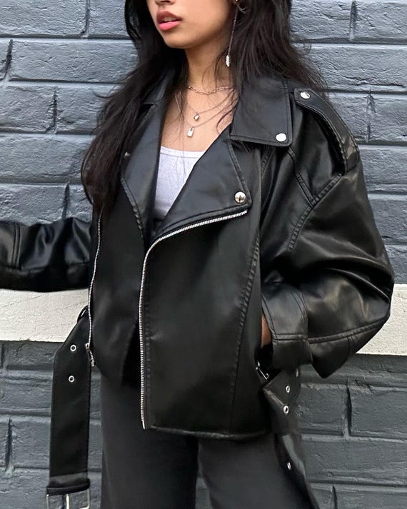 Oversized Black Biker Jacket for Women Moto Relaxed Boxy Jacket with Wide Lapel Collar Streetwear Vintage Inspired Handmade Leather Coat