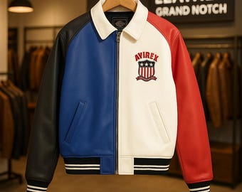 Trendy Avirex USA Leather Jacket for Men Real Sheep Leather Varsity Bomber American Flag Patch Streetwear Red Blue Black Moto Style Coat