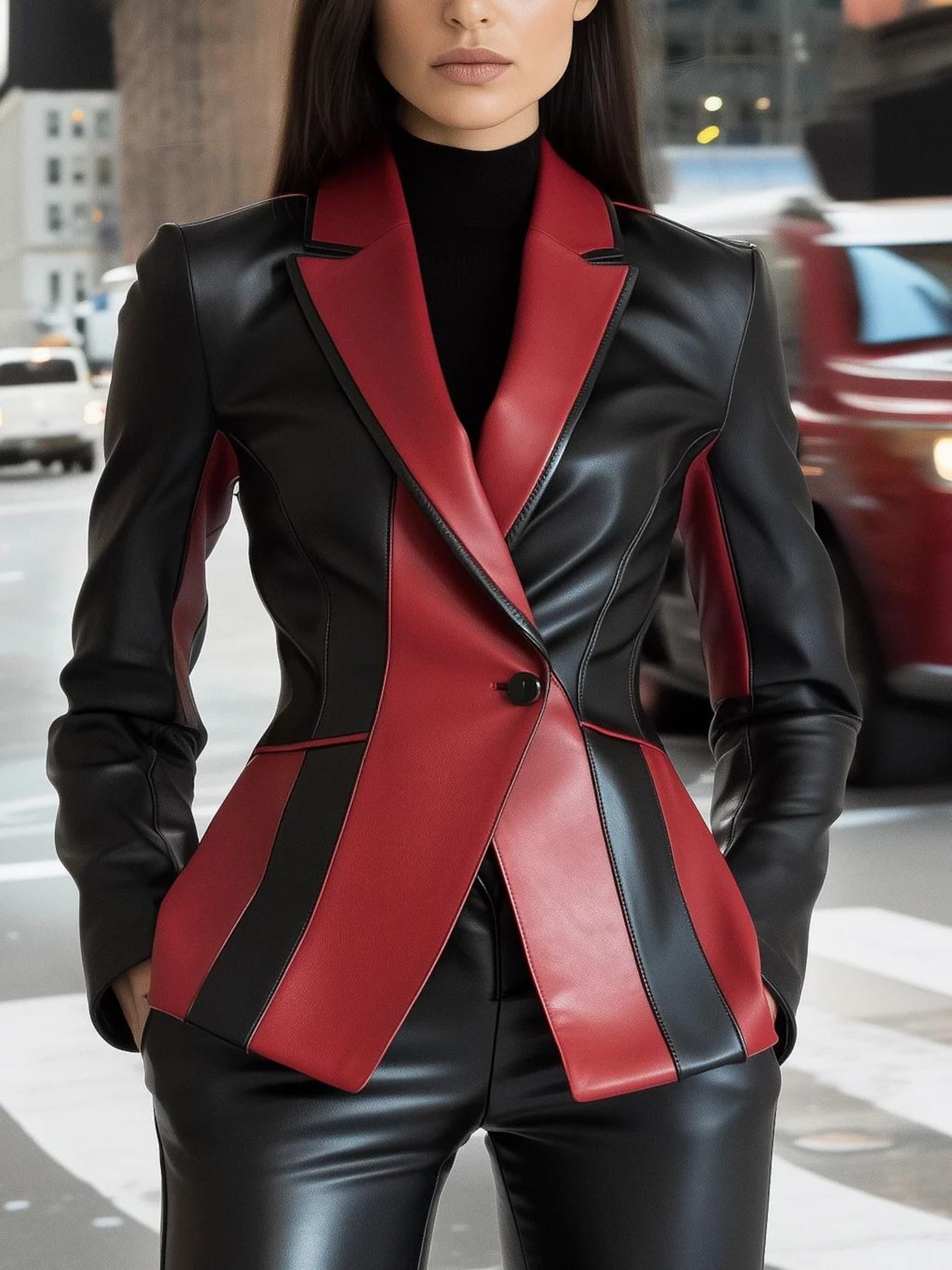 Women's Black and Red Block Design Leather Blazer for Women Luxury ...