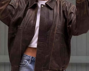 Distressed Brown Womens two tone Leather Bomber Jacket, Ladies Streetwear Leather jacket for ladies, Casual wear gift for her Vintage Outfit